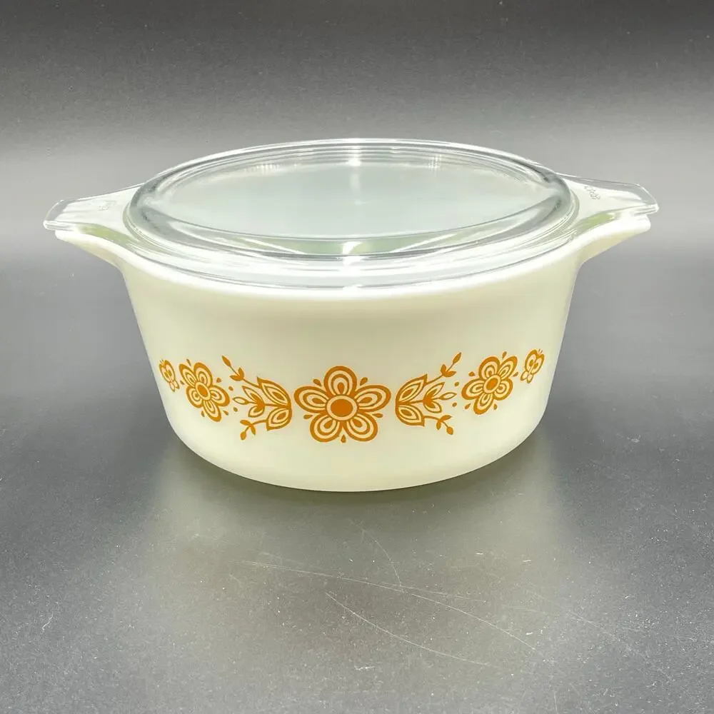 Vtg Pyrex Casserole Dish Butterfly Gold 1.5 L 474-B Ovenware Corning NY USA